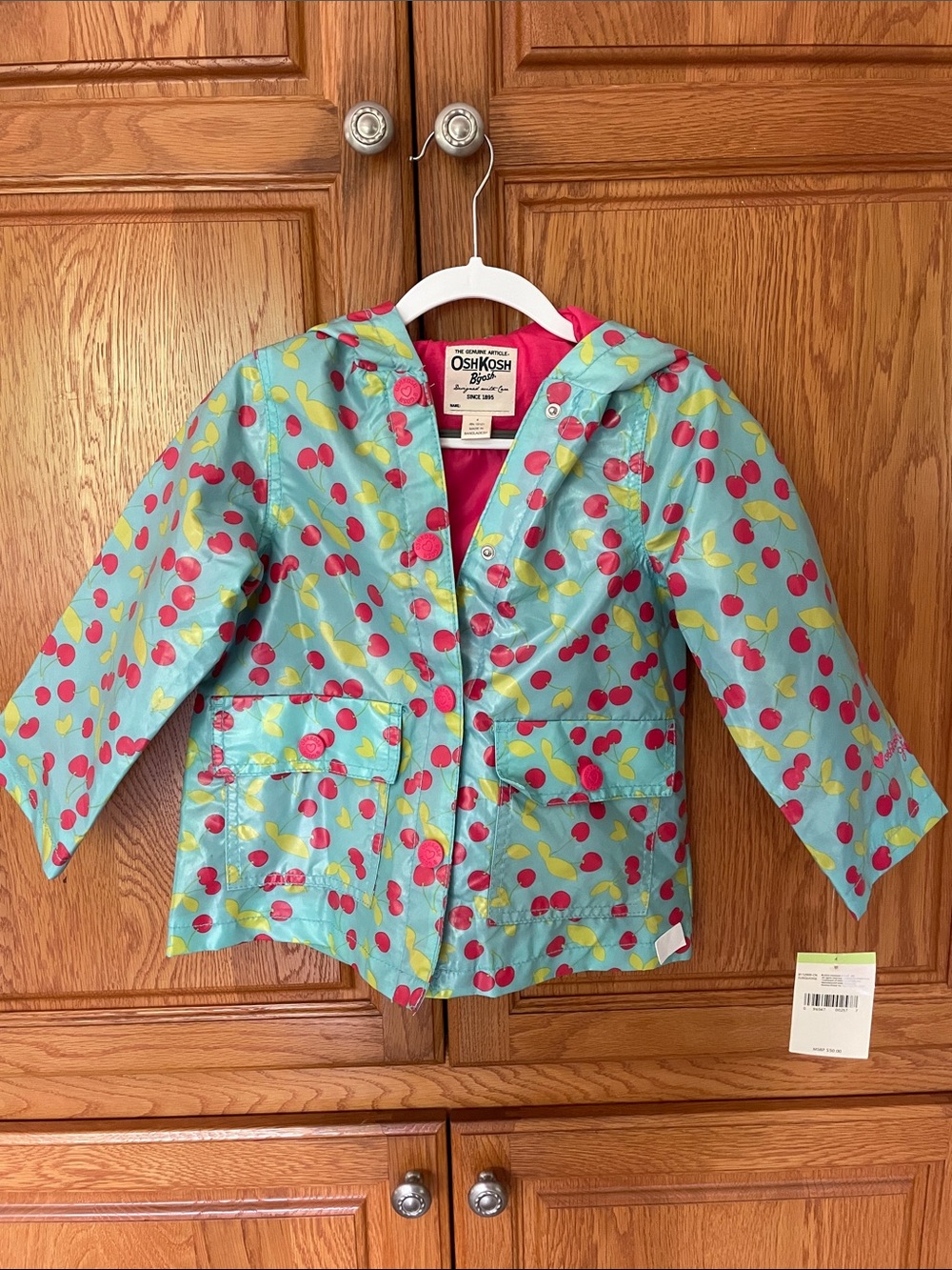 OshKosh B'gosh light blue Raincoat with Red Cherry Print and Yellow Leaves